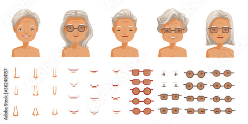 Elderly woman face set. Elderly woman head character creation. Eye, mouth, nose, eyebrows, glasses and hairstyles.