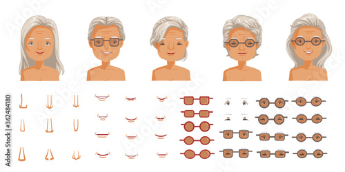 Elderly woman face set. Elderly woman head character creation. Eye, mouth, nose, eyebrows, glasses and hairstyles.
