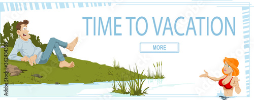 Young man and girl restings near water. Concept for website. Funny people.