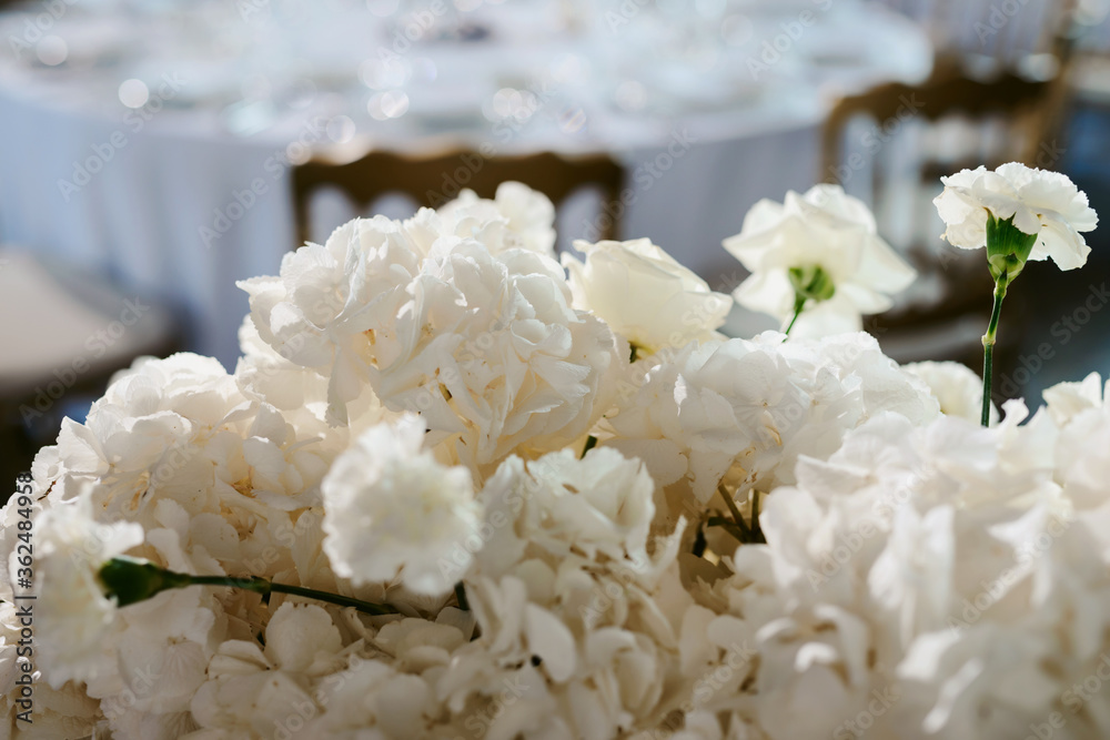 Wedding flower arrangement and decoration. Empty copyspace and space for text. Holiday accessories and backgrounds Wedding flower arrangement and decoration. Empty copyspace and space for text. Holiday accessories and backgrounds