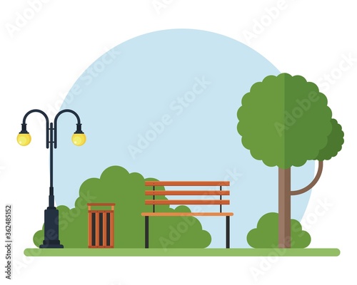 Tree, bench, lamp and trash can in the park vector illustration