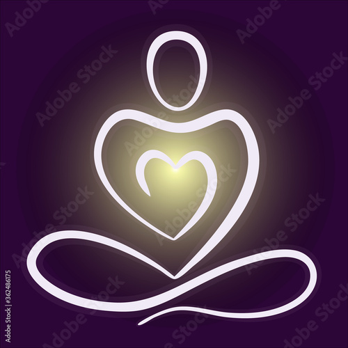 Meditating person with inside glow from heart. Abstract logo icon template. Vector illustration.