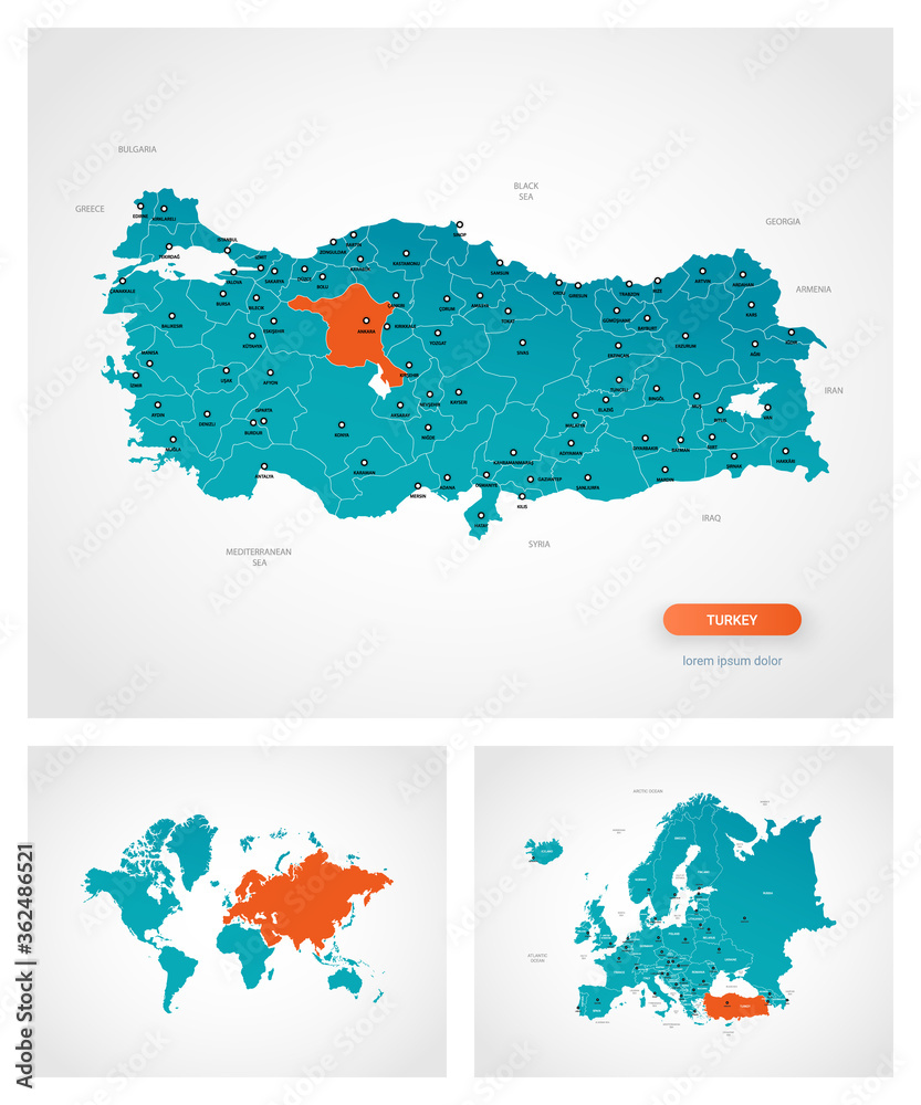 Editable template of map of Turkey with marks. Turkey on world map and on Europe map.