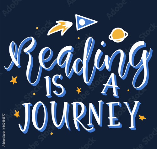Colored vector text, reading is a journey - Lettering, starry sky, rocket and space. Vector illustration