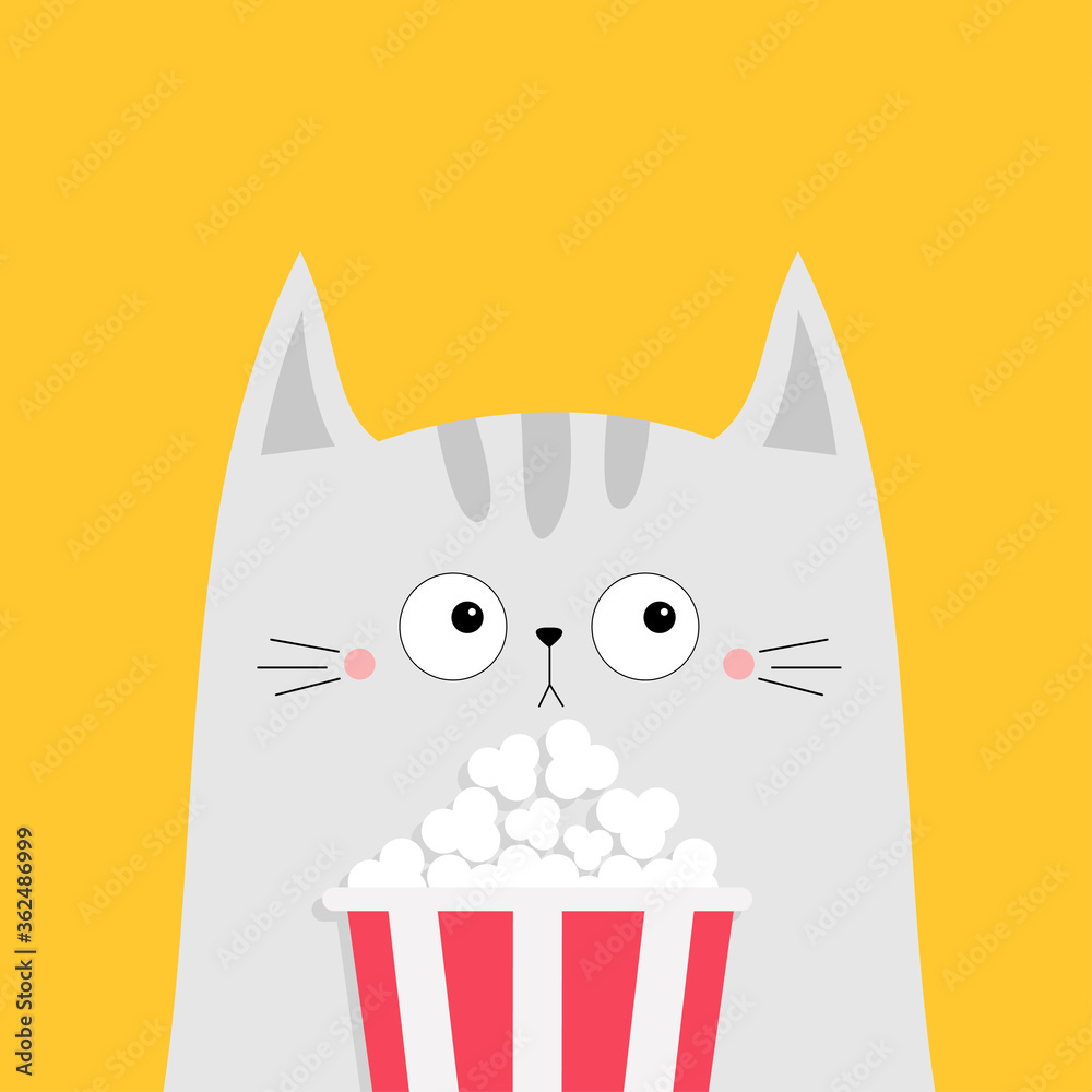 Cat and popcorn box. Kitten watching movie. Cute cartoon funny character.  Kids print for tshirt notebook cover. Cinema theater. Film show. Isolated.  Yellow background. Flat design Stock Vector | Adobe Stock