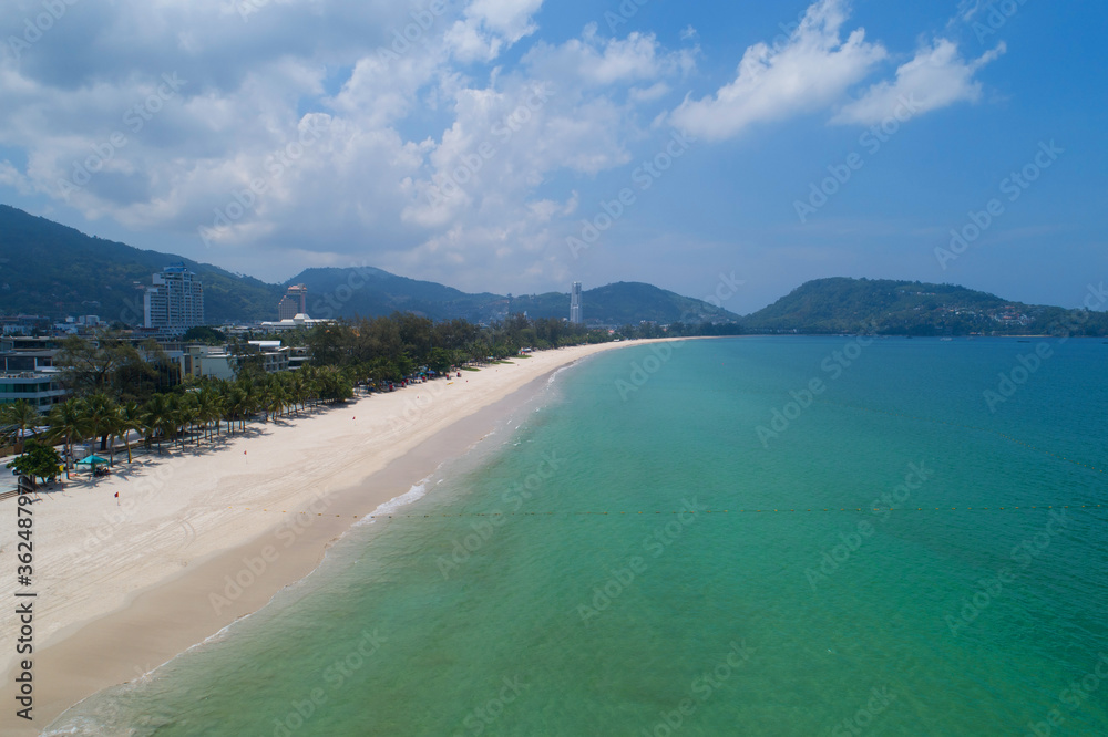 Aerial view Drone camera of Tropical beach at Patong beach Phuket Thailand.