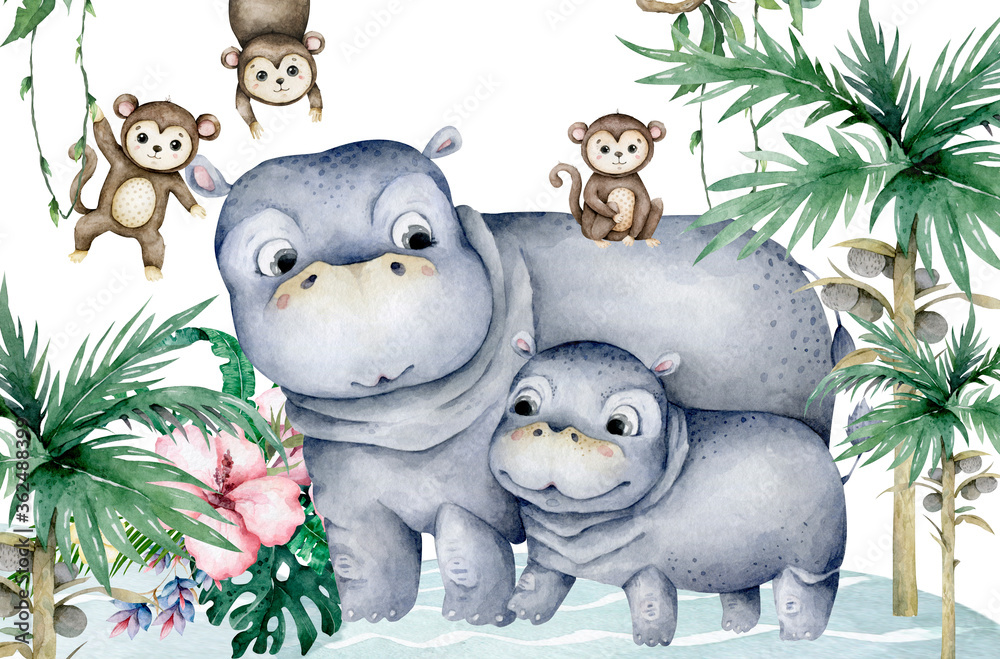 Cute baby Hippo with monkey Hand drawn adorable watercolor african animals illustration on white background for baby shower card.