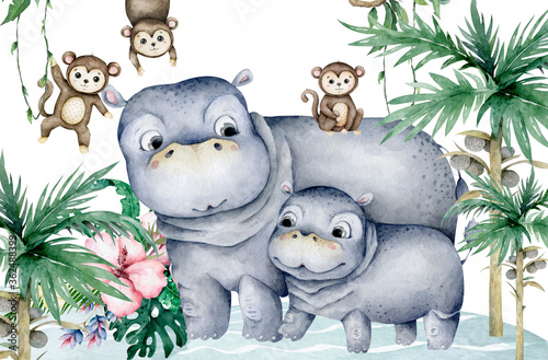 Cute baby Hippo with monkey Hand drawn adorable watercolor african animals illustration on white background for baby shower card. © Anna Terleeva