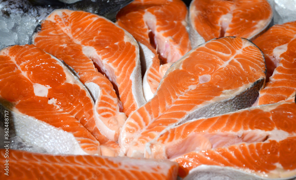 salmon meat on display in a supermarket salmon meat on display in a supermarket