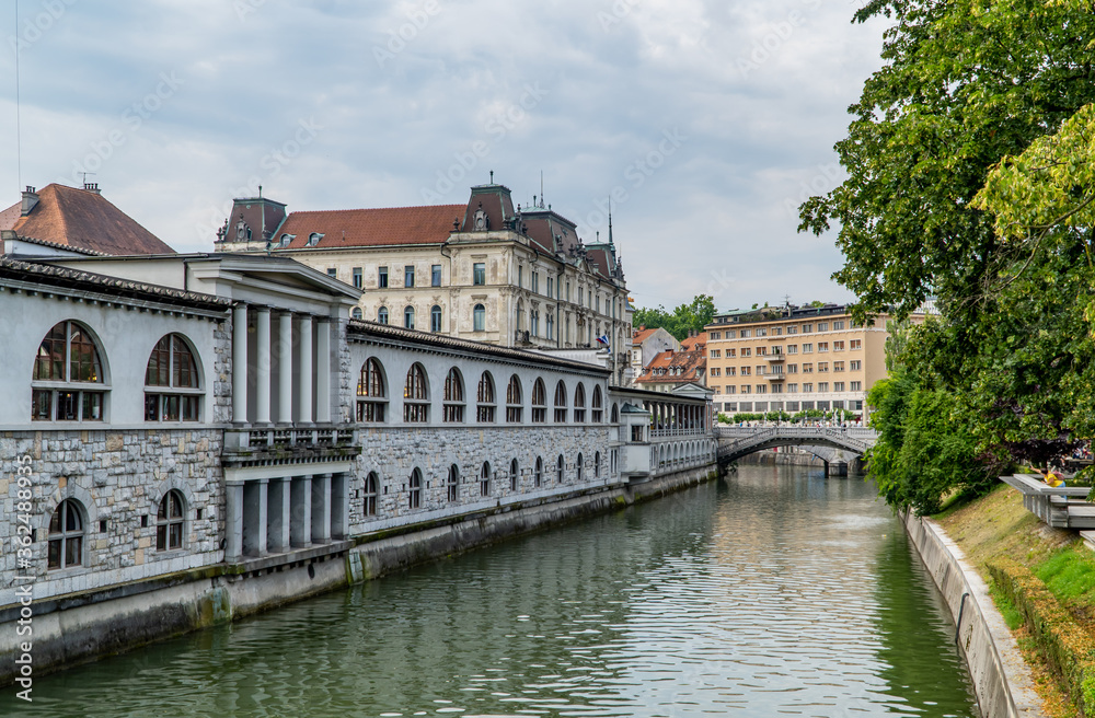 The river Ljubljanica in Ljubljana, Slovenia with traditional Slovenian houses
