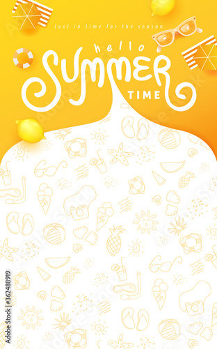 Summer banner design with beach accessories on the yellow background and copy space.