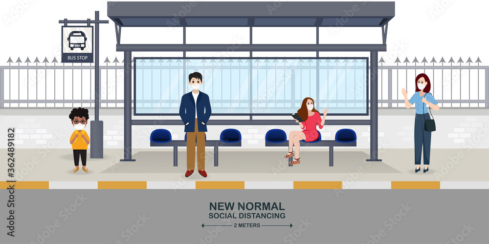 New normal vector illustration, People maintain social distancing and wearing masks in public New normal vector illustration, People maintain social distancing and wearing masks in public