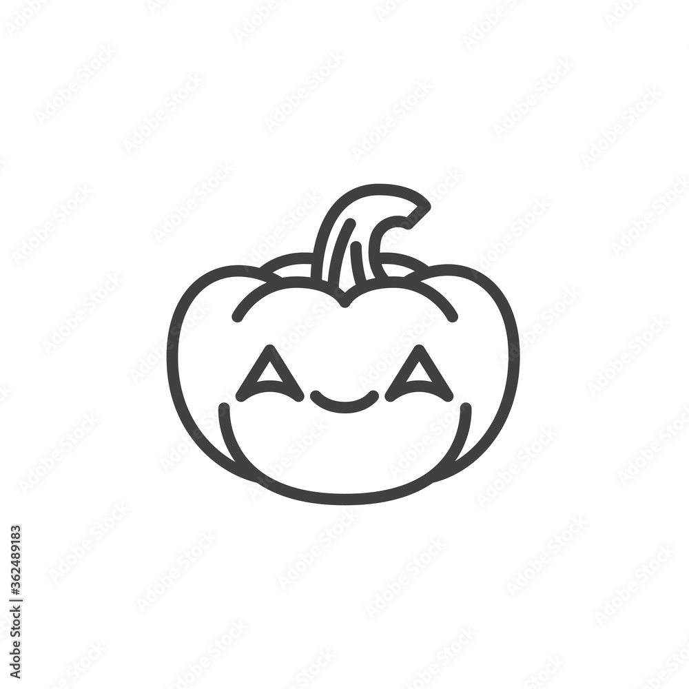 Smiling pumpkin face with smiling eyes emoji line icon. linear style sign for mobile concept and web design. Happy halloween pumpkin emoticon outline vector icon. Symbol, logo illustration. Smiling pumpkin face with smiling eyes emoji line icon. linear style sign for mobile concept and web design. Happy halloween pumpkin emoticon outline vector icon. Symbol, logo illustration.