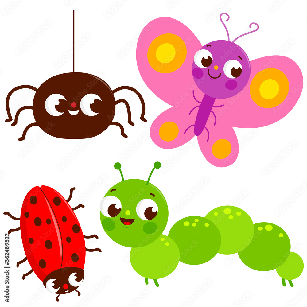 Set of cute bugs. A spider, a butterfly, a beetle and a caterpillar. Vector illustration