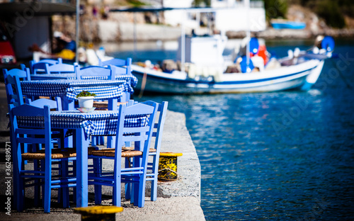 Open cafe outdoor restaurant in Greece on sea shore © anetlanda
