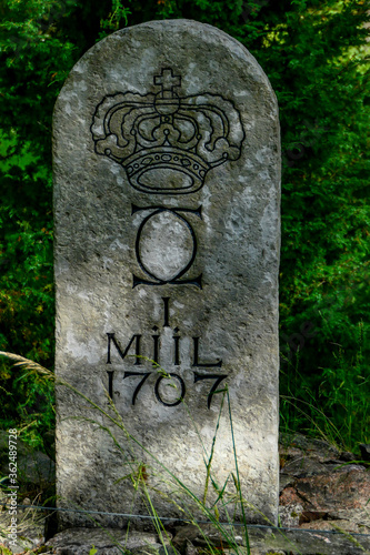 Lidkoping, Sweden A tombstone from 1707 on the grounds of the medieval Lacko Castle on the southern shore of Lake Vanern