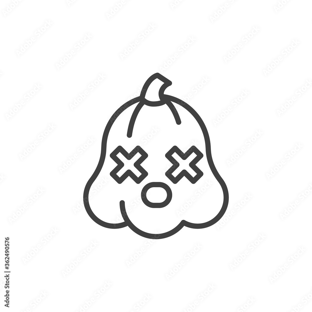Obraz premium Pumpkin with crossed eyes line icon. linear style sign for mobile concept and web design. Dizzy pumpkin face outline vector icon. Symbol, logo illustration. Vector graphics
