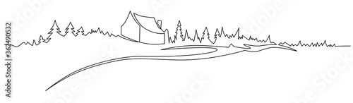 Rural landscape continuous one line vector drawing. Hills, house, forest and road hand drawn silhouette. Country nature panoramic sketch. photo