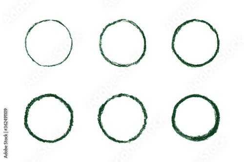 Set of isolated green oil pastel chalk brush circle frames