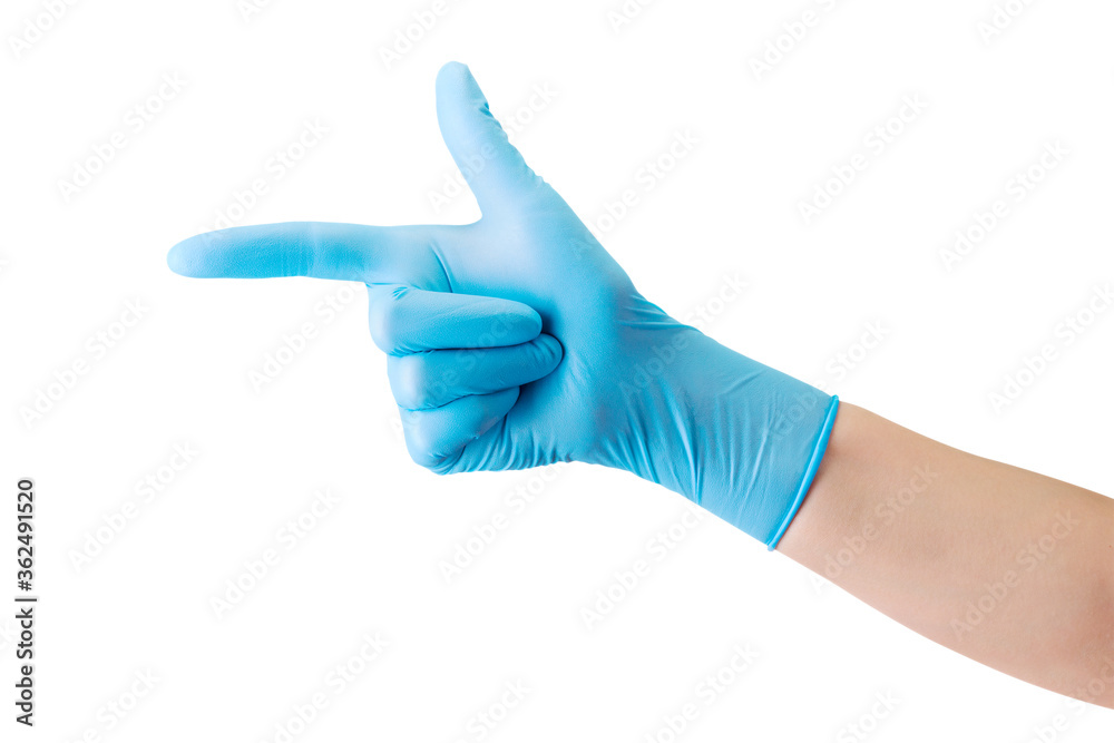 Doctor's hand in medical gloves pointing by finger on side isolated on white Doctor's hand in medical gloves pointing by finger on side isolated on white