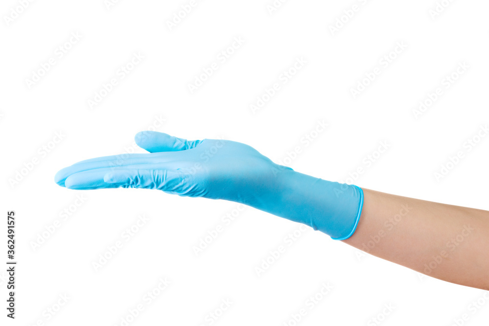 Doctor's hand in medical gloves showing something on palm isolated on white