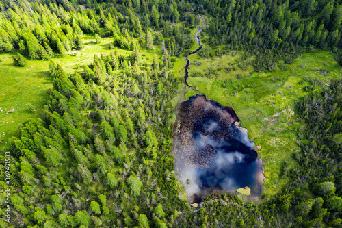 Valmalenco, Italy, aerial view of the pond at Alpe Entova photo