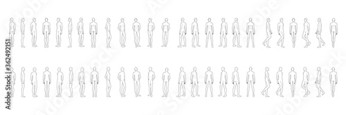 Fashion template of 50 men in different poses with lines. 9 head size for technical drawing. Gentlemen figure front, side, 3-4 and back view. Vector outline boy for fashion sketching and illustration.