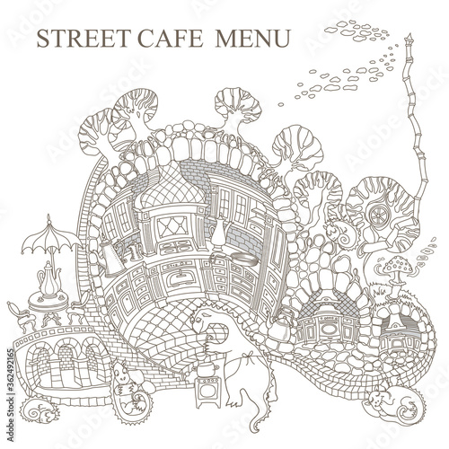 Vector contour thin line illustration. Fairy tale underground Dragon beast family street food cafe in the old medieval cave Kitchen. Black and white sketch. Adults coloring book page, tee shirt print