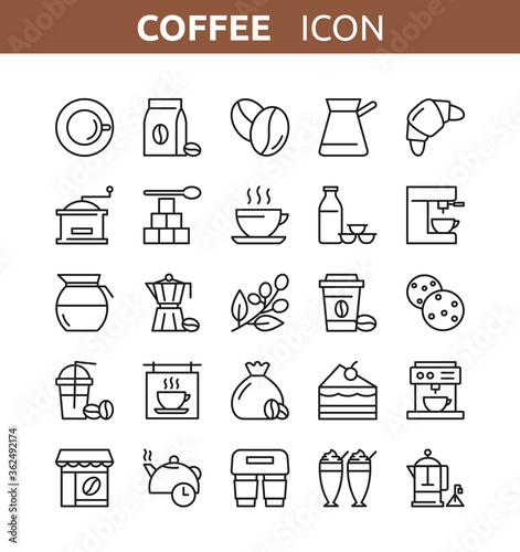 Vector set of coffee and tea line icons for menu, web, coffeeshop. Outline icons collection of cup, cocktail, pot, press,  coffee maker machine, bean, cake. Latte espresso and cappuccino coffee cups