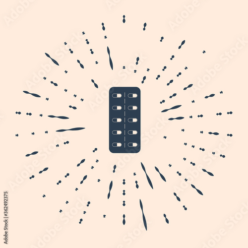 Black Pills in blister pack icon isolated on beige background. Medical drug package for tablet: vitamin, antibiotic, aspirin. Abstract circle random dots. Vector Illustration