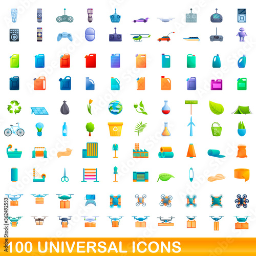 100 universal icons set. Cartoon illustration of 100 universal icons vector set isolated on white background