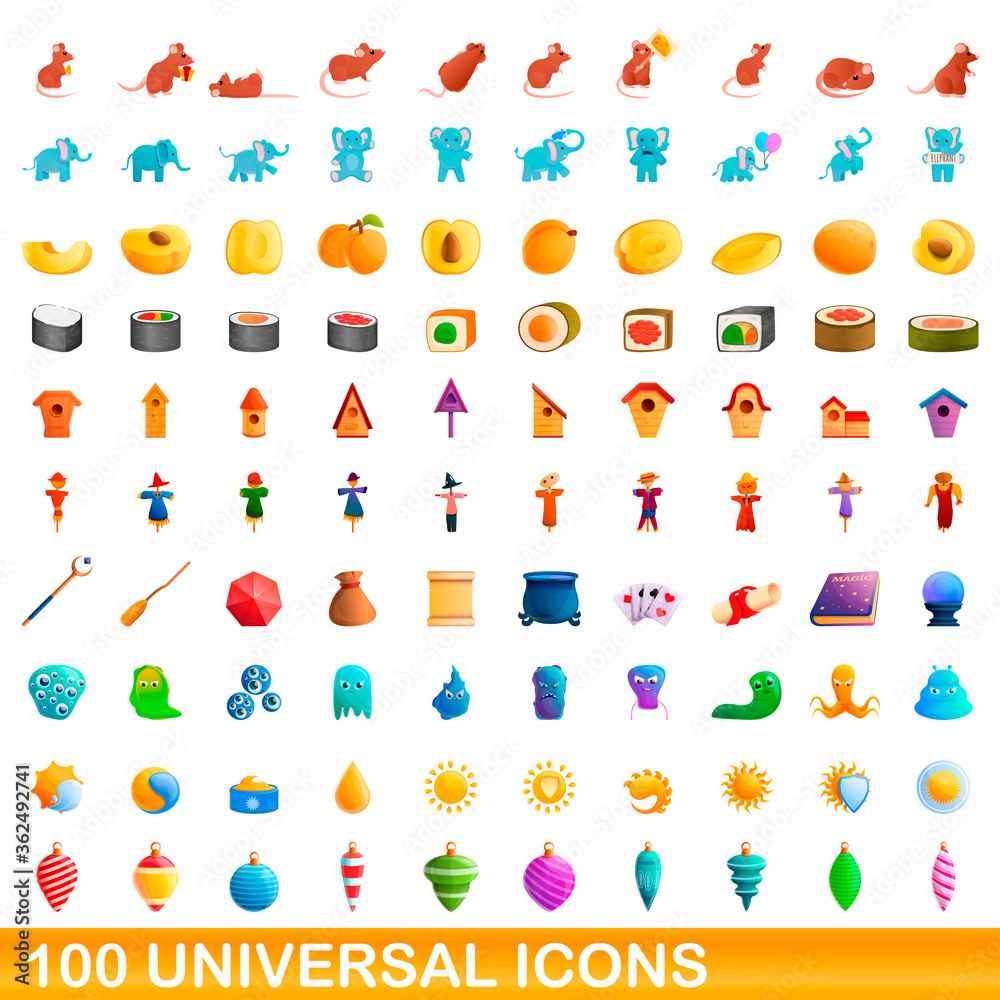 100 universal icons set. Cartoon illustration of 100 universal icons vector set isolated on white background