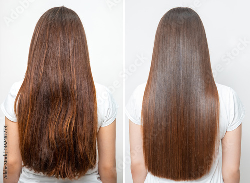 Sick, cut and healthy hair care straightening. Before and after treatment