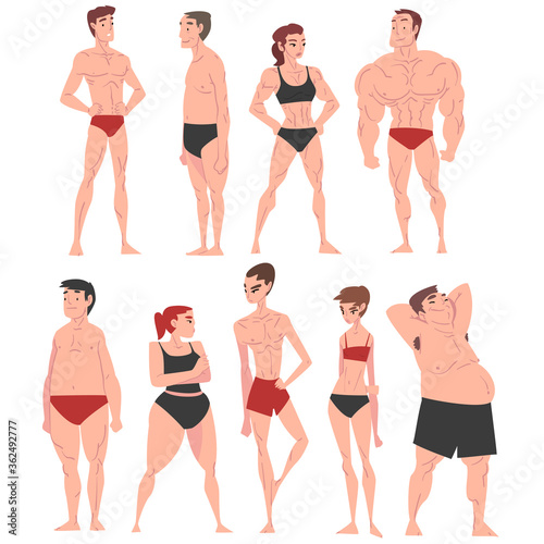 Men and Women in Underwear Set, Different Human Body Constitution, Male and Female Body Types Cartoon Style Vector Illustration