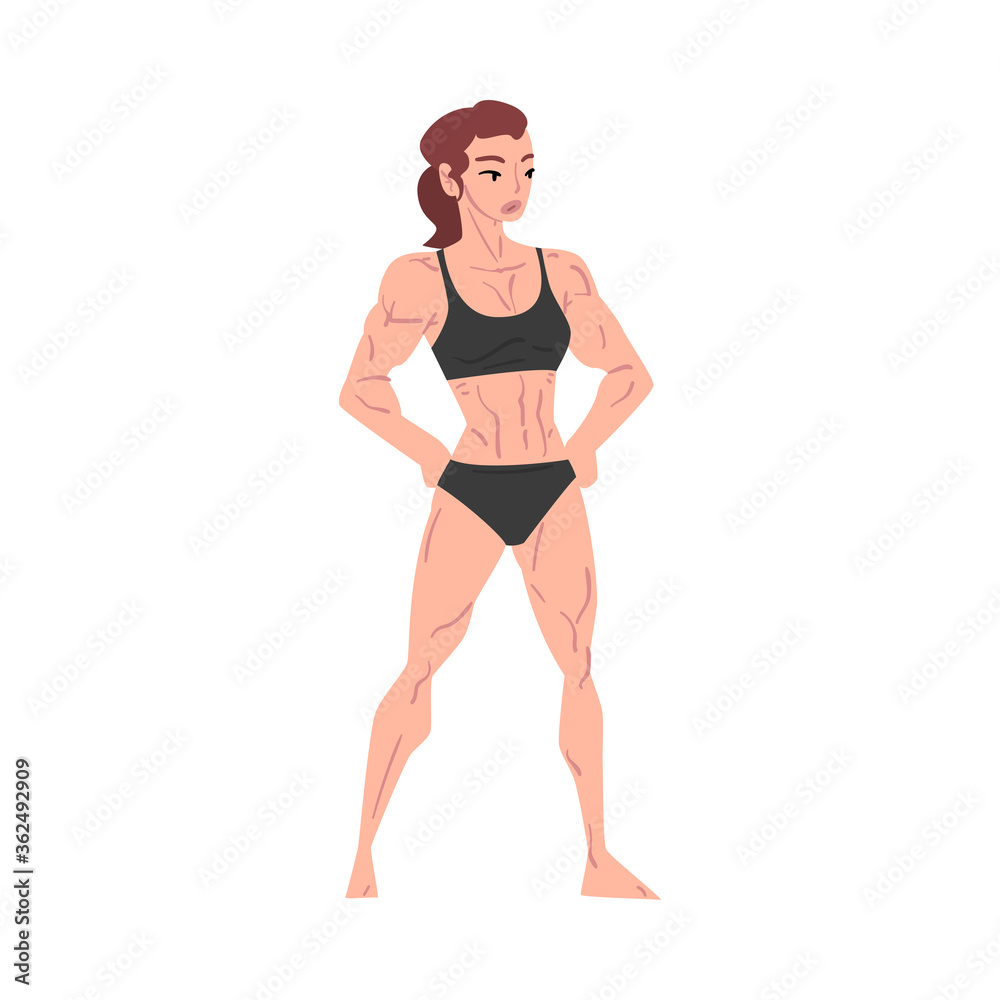 Athletic Woman in Black Underwear, Young Woman with Muscular Body Cartoon Style Vector Illustration on White Background Athletic Woman in Black Underwear, Young Woman with Muscular Body Cartoon Style Vector Illustration on White Background