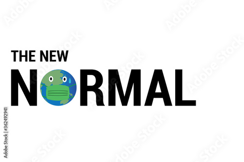 Banner The New Normal typography with world wearing mask illustration