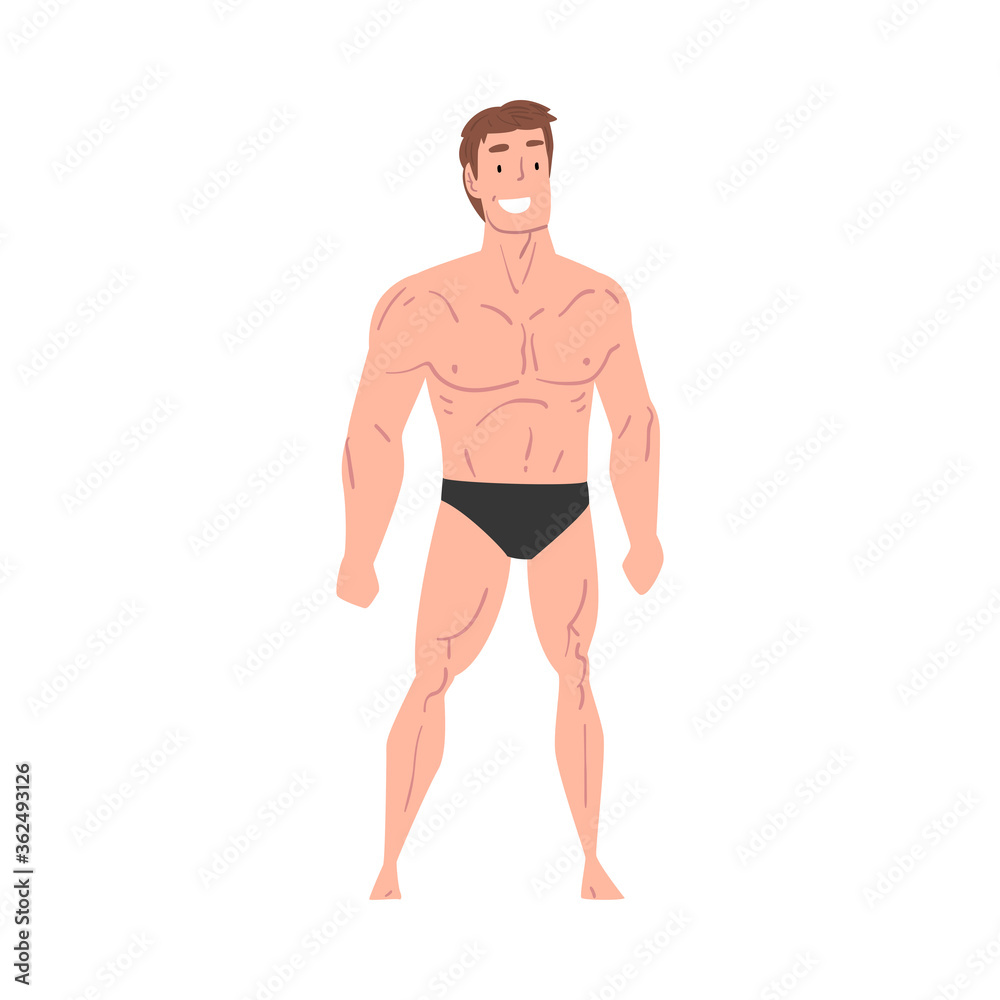 Handsome Athletic Man in Underwear, Smiling Young Man with Muscular Body Cartoon Style Vector Illustration on White Background Handsome Athletic Man in Underwear, Smiling Young Man with Muscular Body Cartoon Style Vector Illustration on White Background