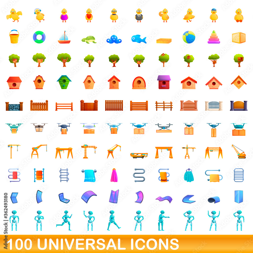 100 universal icons set. Cartoon illustration of 100 universal icons vector set isolated on white background 100 universal icons set. Cartoon illustration of 100 universal icons vector set isolated on white background