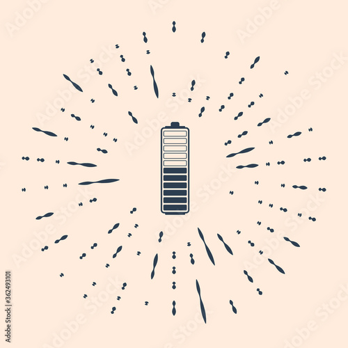 Black Battery charge level indicator icon isolated on beige background. Battery charging - power sign. Electricity symbol - energy sign. Abstract circle random dots. Vector Illustration