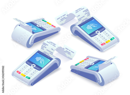 Isometric E-payments POS terminal with receipt set. 3d Wireless NFC payment terminal with check, shadow on white. Cashless payments, online shopping concept. Vector illustration for web, app, advert