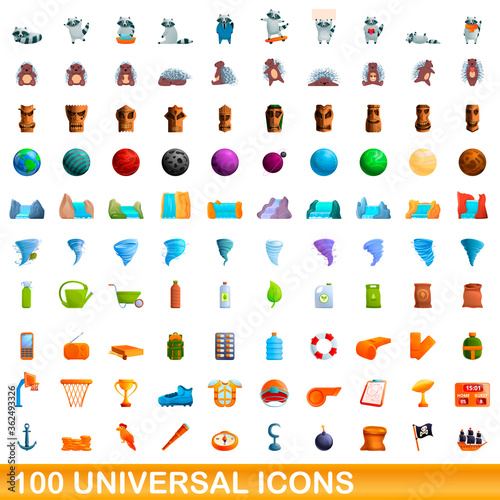 100 universal icons set. Cartoon illustration of 100 universal icons vector set isolated on white background