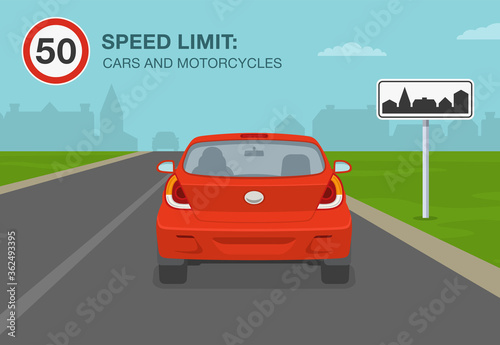 Cars and motorcycles on a motorway, highway speed limit. Driving a car. Flat vector illustration template.