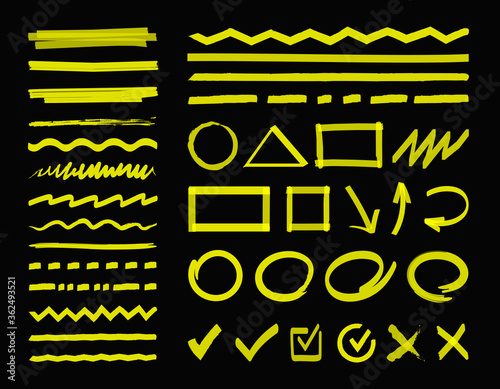 Vector highlight marker design elements, shapes, stripes, strokes and lines for text highlighting, marking or coloring. Abstract hand drawn highlighter marks, arrow, round, pointer. Grunge brush set. photo