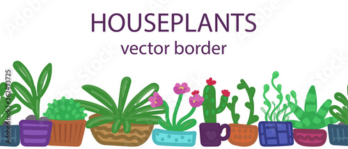 indoor plants and cacti in pots, vector seamless horizontal border in a flat simple style, children drawing