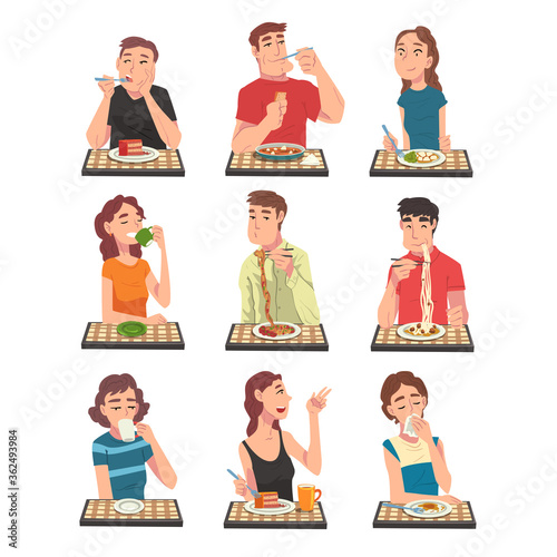 People Eating Different Meals Set, Men and Women Sitting at Tables Enjoying Eating of Delicious Food Vector Illustration