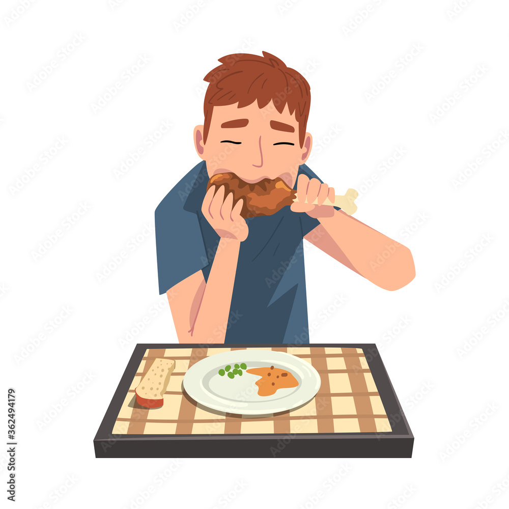 Young Man Eating Fried Chicken Drumstick, Cheerful Guy Sitting at Table with Checkered Tablecloth Cartoon Vector Illustration Young Man Eating Fried Chicken Drumstick, Cheerful Guy Sitting at Table with Checkered Tablecloth Cartoon Vector Illustration