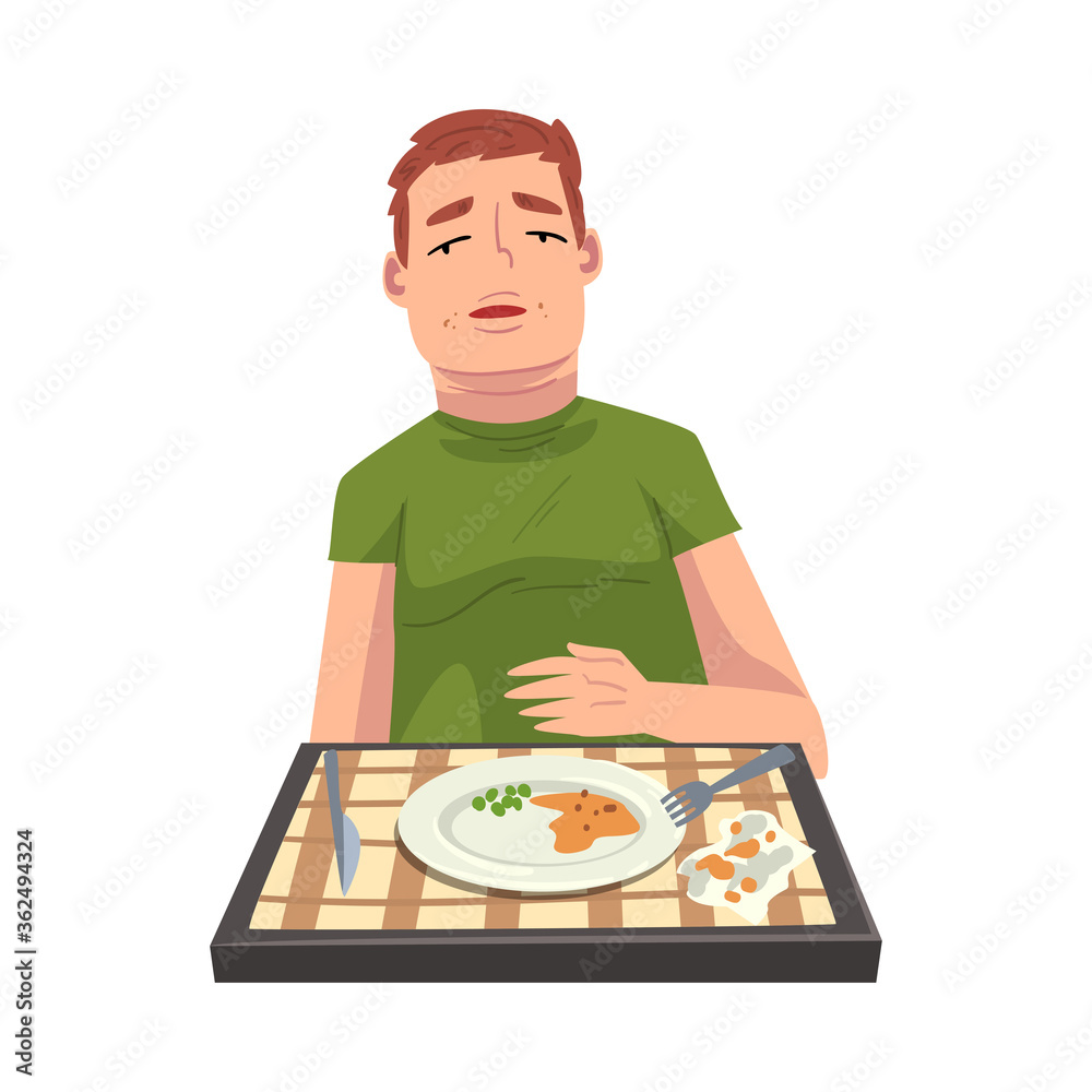 Man with Full Stomach Eating Delicious Meal, Cheerful Guy Sitting at Table with Checkered Tablecloth with Empty Plate Cartoon Vector Illustration Man with Full Stomach Eating Delicious Meal, Cheerful Guy Sitting at Table with Checkered Tablecloth with Empty Plate Cartoon Vector Illustration