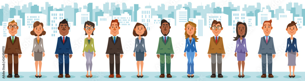Diverse business people characters are standing in city landscape. Vector illustration in flat cartoon style. Diverse business people characters are standing in city landscape. Vector illustration in flat cartoon style.