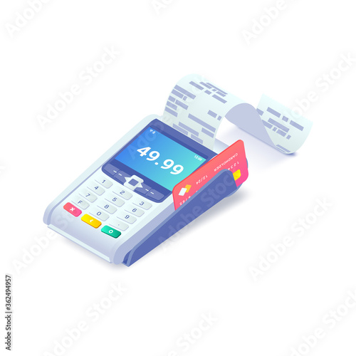 Cashless payment via credit card isometric concept. 3d payment machine printing check with plastic debit card isolated on white. Success NFC payment transaction. Vector illustration.