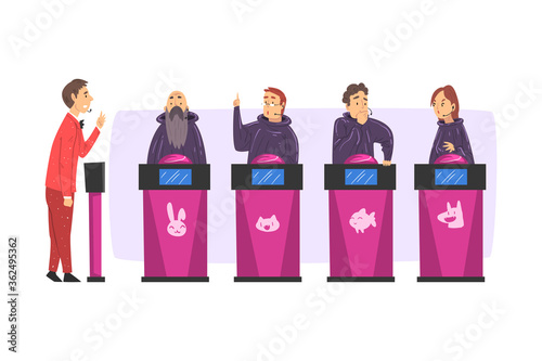 People Playing on Quiz Show, Male Presenter Asking and Participants Answering Questions on Television Intellectual Game Cartoon Style Vector Illustration
